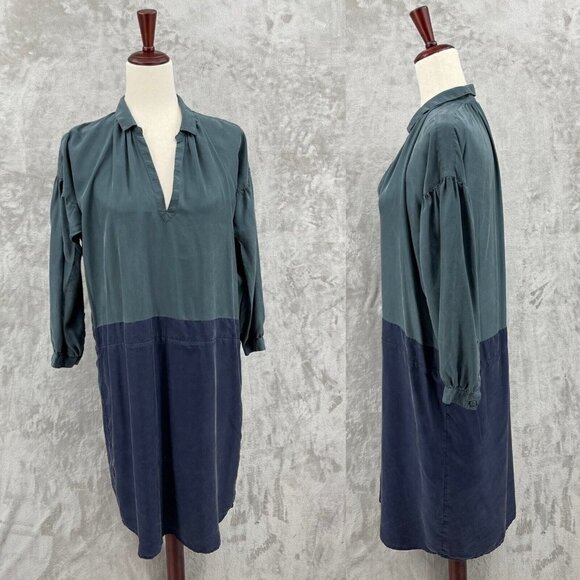 Burberry Brit Silk V-Neck Tie Waist Midi Dress Green Navy Missing Sash - Picture 1 of 16
